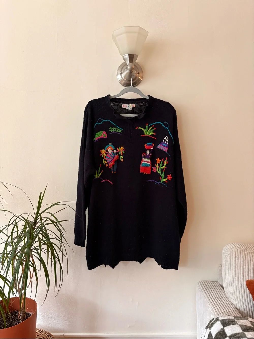 Vintage Black Swan Embroidered Sweater Folk Art Novelty Knit Cottagecore